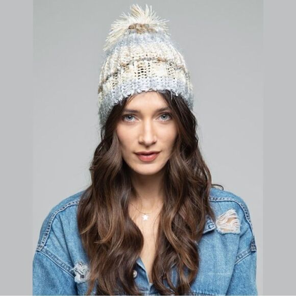 Multi Color Soft Plush Winter Beanie with Pom Pom - Blue, Ivory, Grey and Cream - Picture 3 of 4